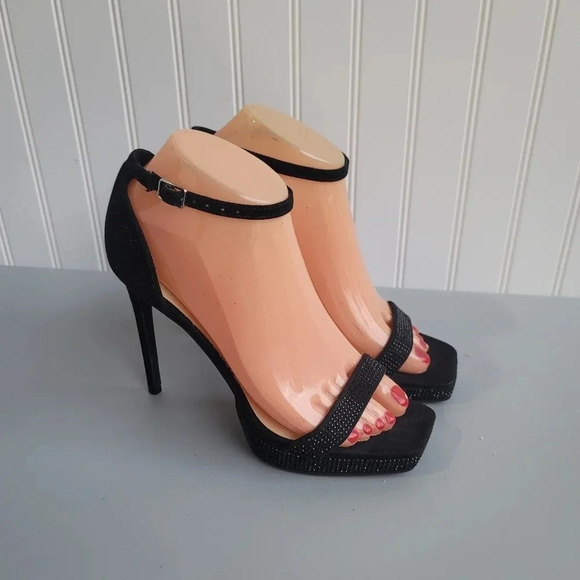 NINE WEST Women's Zadien2 Heeled Sandal Embellished Stones Black Ankle Strap 6.5 - Picture 1 of 12